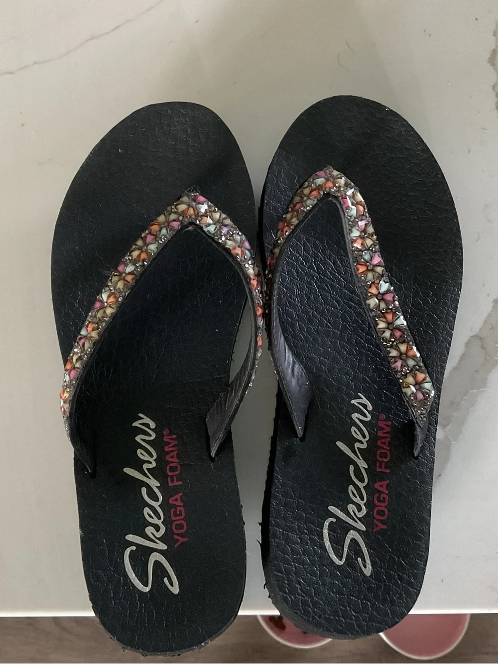 Skechers Black Flip-Flops with Multicolor Beaded Straps